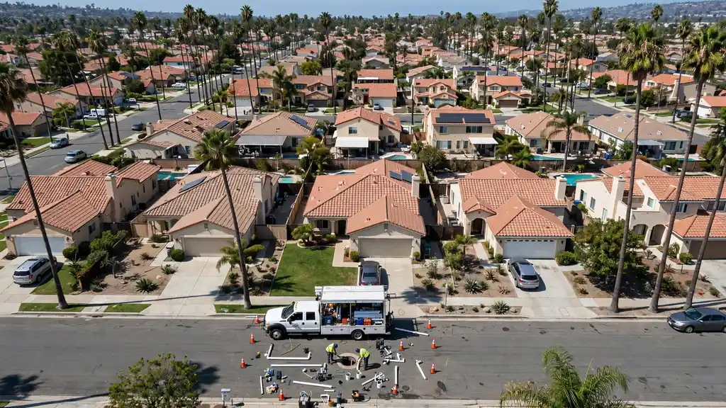 Vista aérea de Cerritos, CA y los suburbios del sureste del condado de Los Ángeles