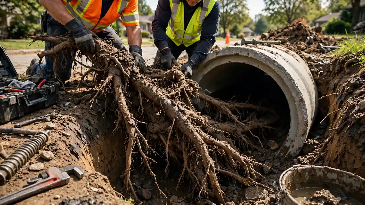 Tree roots removed from a sewer line — Cerritos, CA