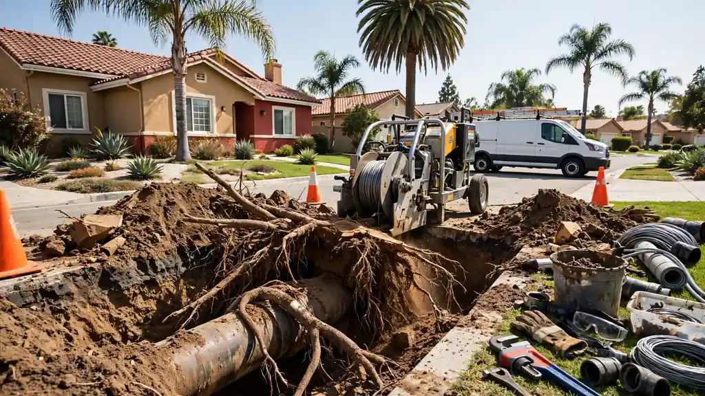 Raíces extraídas de una tubería de barro en Cerritos, CA